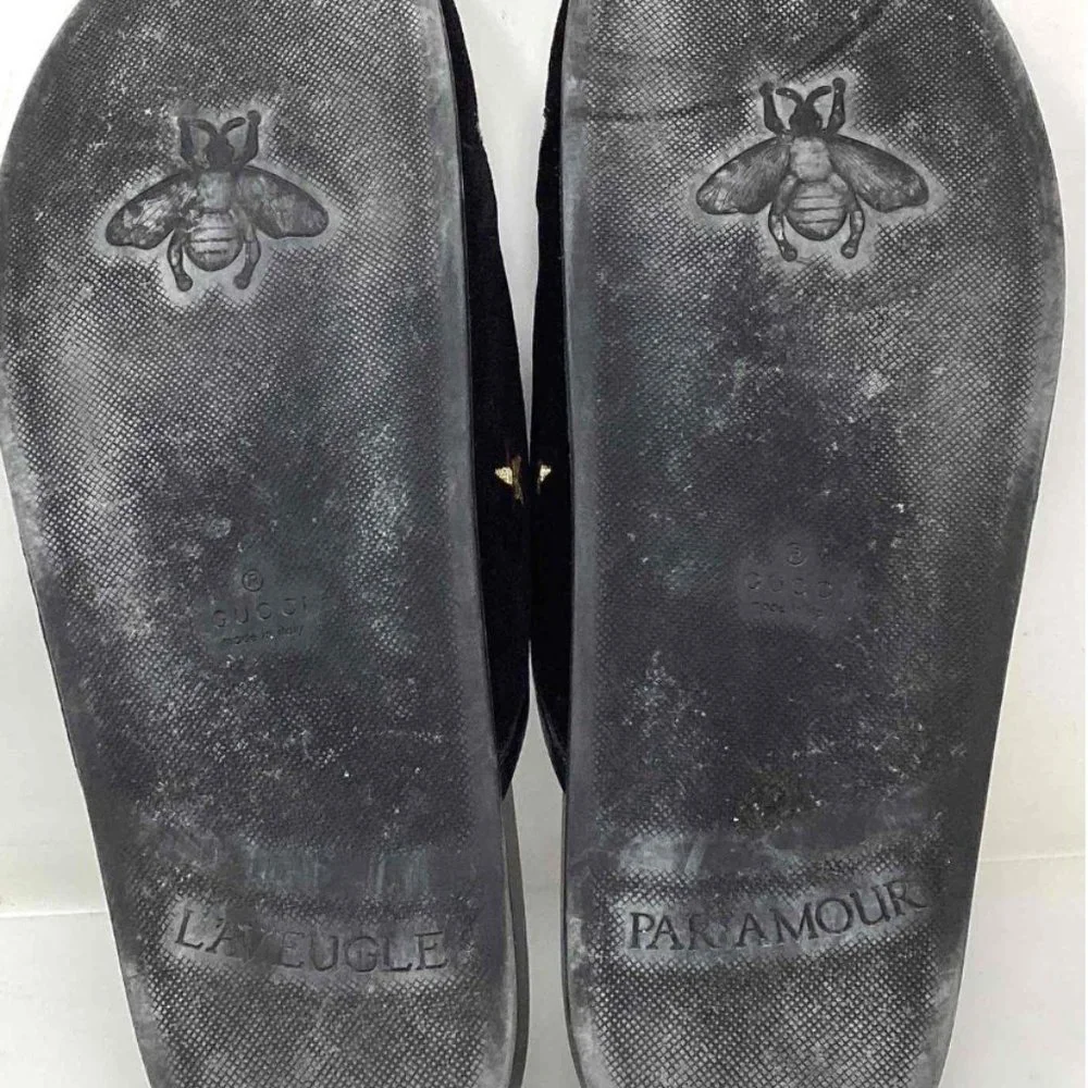 GUCCI - Black Velvet Gold Bee Embroidered Mule Slide - Size 10 - Picture 4 of 4